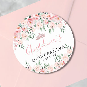 Floral Blush Pink Quinceañera Birthday Party Classic Round Sticker