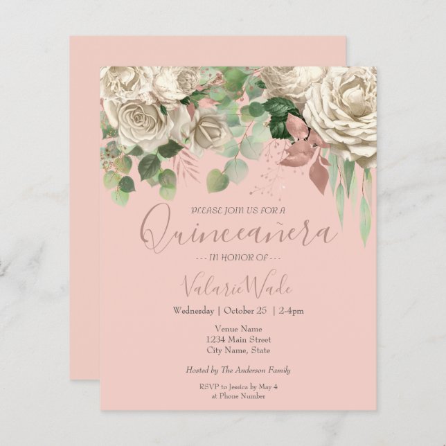 Floral Blush Pink Quinceanera Budget Invitation (Front/Back)