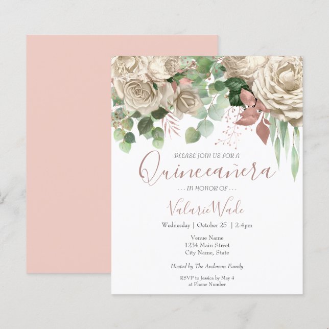 Floral Blush Pink Quinceanera Budget Invitation (Front/Back)