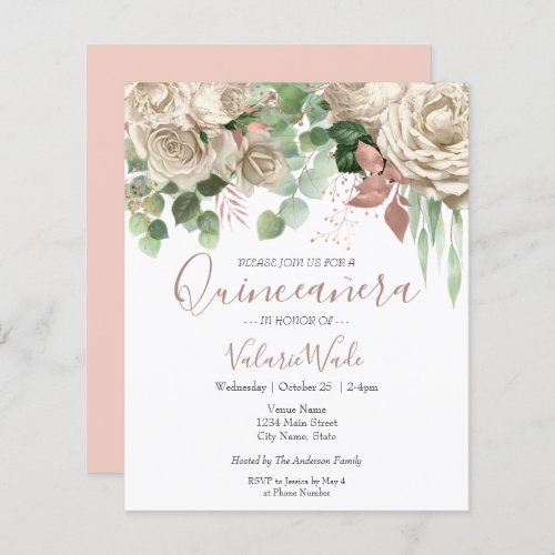 Floral Blush Pink Quinceanera Budget Invitation