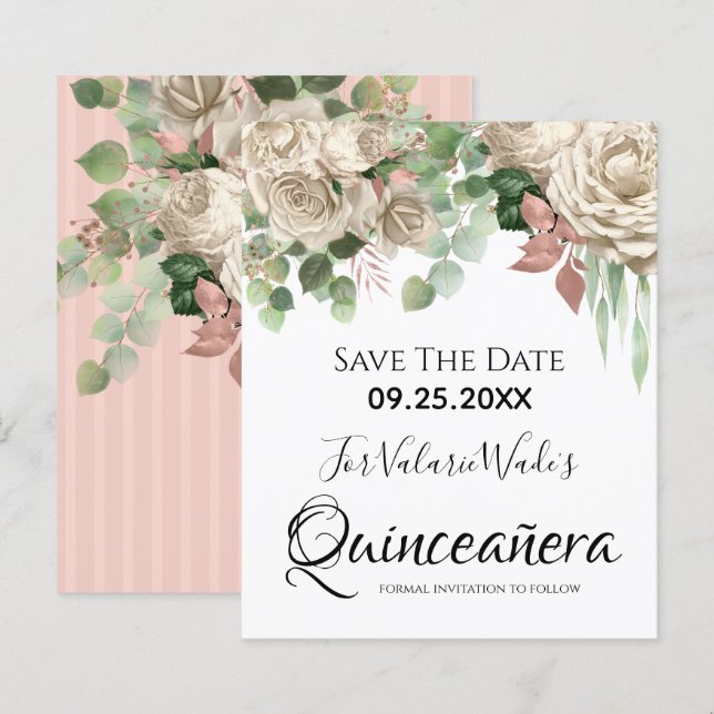Floral Blush Pink Quinceanera Save the Date (Front/Back)