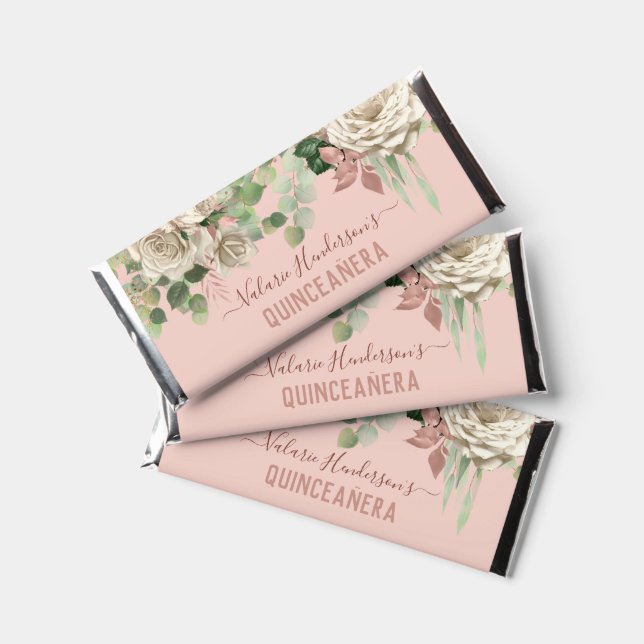 Floral Blush Pink Quinceanera Thank You Hershey Bar Favors (Front)