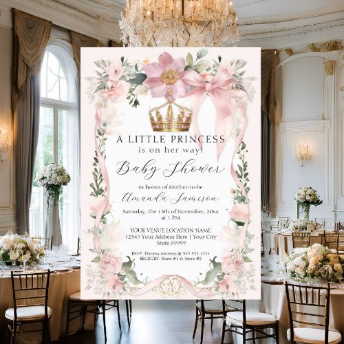 Floral Blush Pink Ribbon Gold Crown Baby Shower Invitation