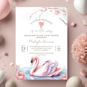Floral Blush Pink Ribbon Swan Gold Baby Shower Invitation