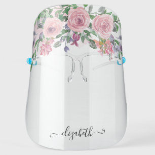 Floral Blush Pink Rose Girly Elegant Script Name Face Shield