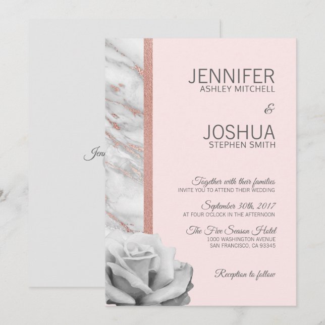 Floral Blush Pink Rose Gold Foil Grey Wedding Invitation (Front/Back)