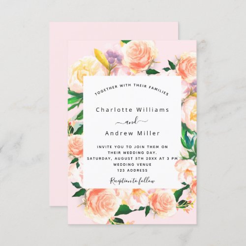 Floral blush pink rose gold wedding invitation