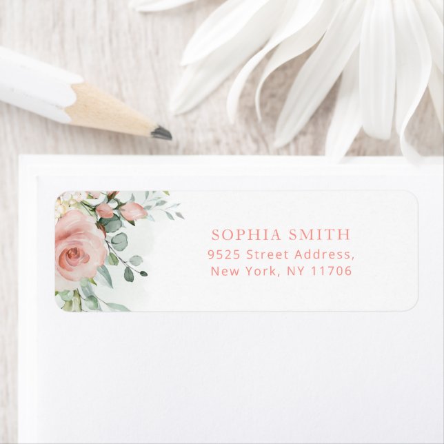Floral blush pink roses eucalyptus return Address Label (Insitu)