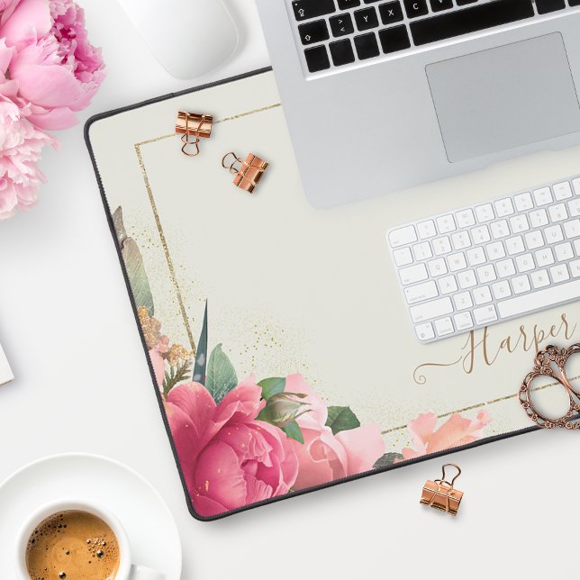 Floral Blush Pink Roses Gold Frame Desk Mat (Creator Uploaded)