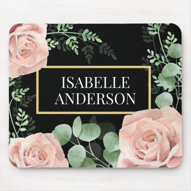 Floral Blush Pink Roses Green Leaves Black Custom Mouse Pad (Front)