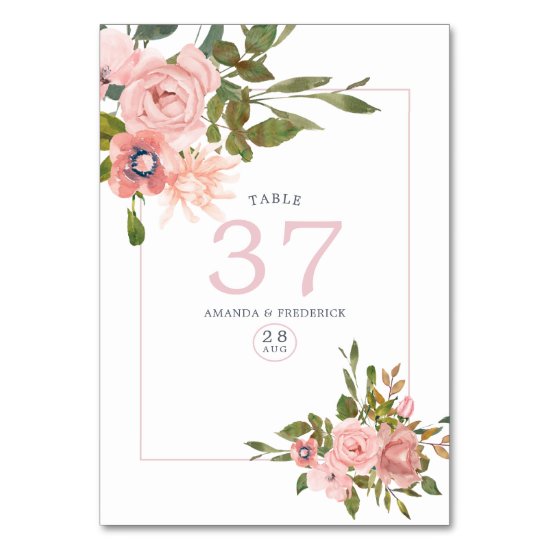 Floral Blush Pink Roses Table Number
