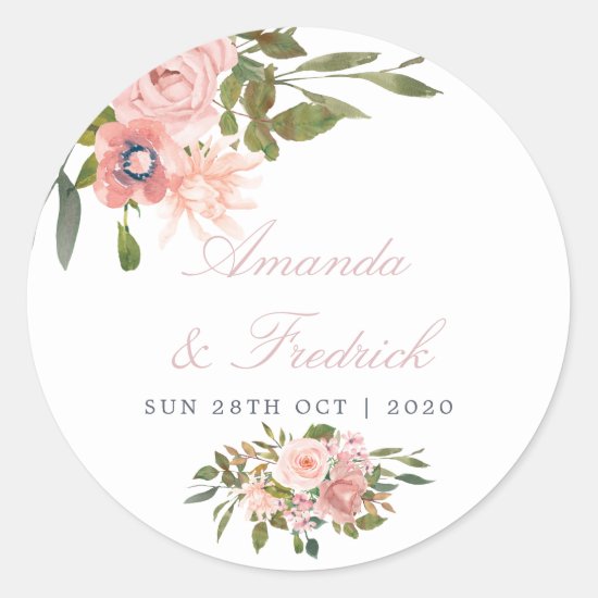 Floral Blush Pink Roses Wedding Classic Round Sticker