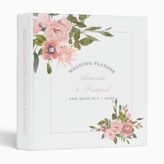 Floral Blush Pink Roses Wedding Planner 3 Ring Binder