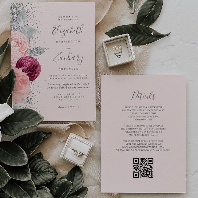 Floral Blush Pink Silver Burgundy QR Code Wedding Invitation (Creator Uploaded)