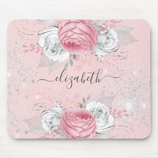 Floral blush pink silver foliage monogram stylish mouse pad (Front)