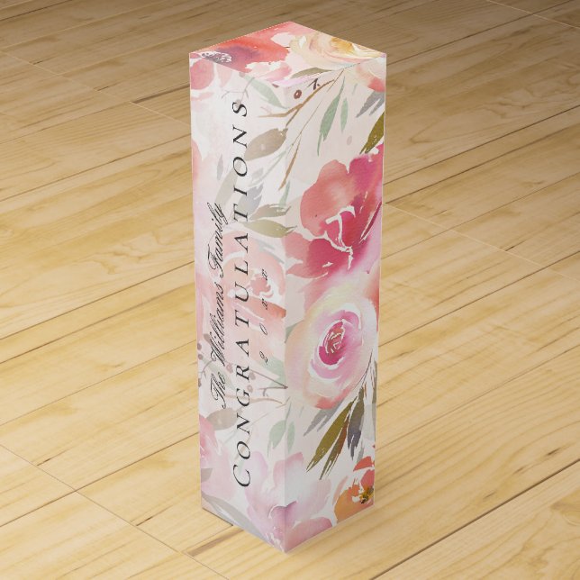 Floral Blush Pink Watercolor Rose Monogram Name Wine Box (Front)
