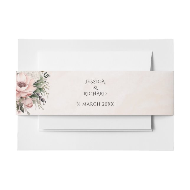 Floral Blush Pink Wedding Invitation Belly Band  (Front Example)