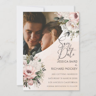 Floral Blush Pink Wedding Photo Save the Date Card