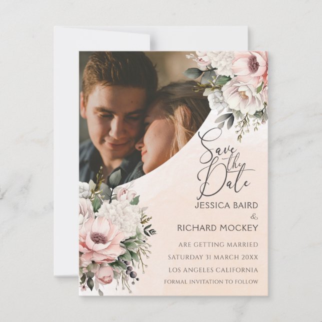 Floral Blush Pink Wedding Photo Save the Date Card (Front)