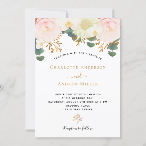 Floral blush pink white greenery wedding invitation