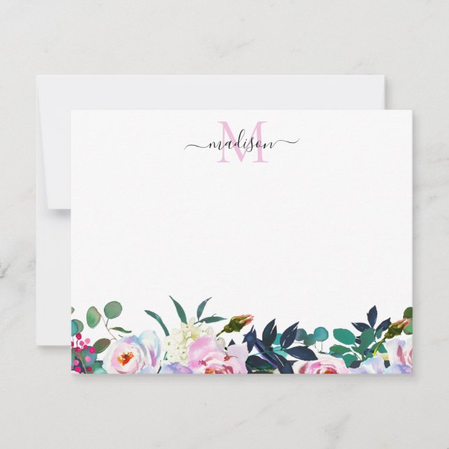 Floral Blush Pink White Peony Botanical Monogram Note Card (Front)