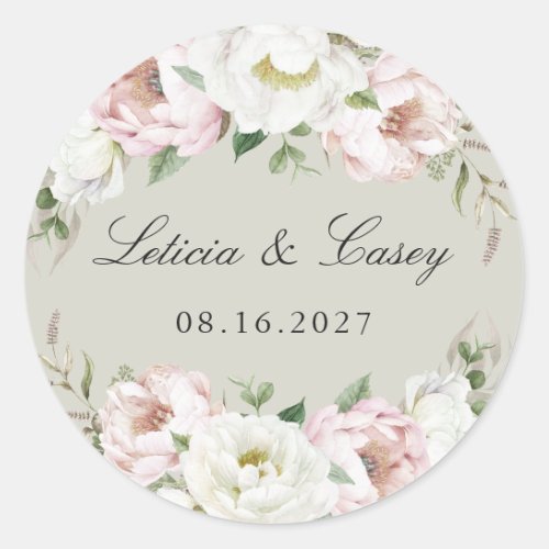 Floral Blush Pink White Peony Sage Green Wedding Classic Round Sticker