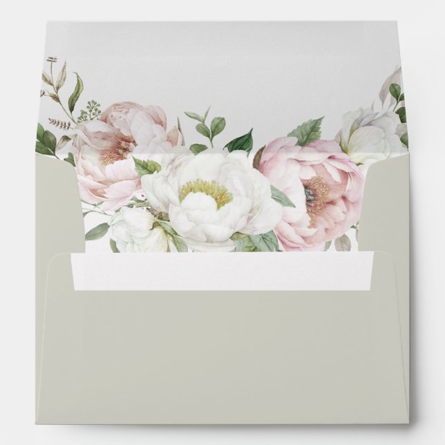 Floral Blush Pink White Peony Wedding Envelope (Back (Bottom))