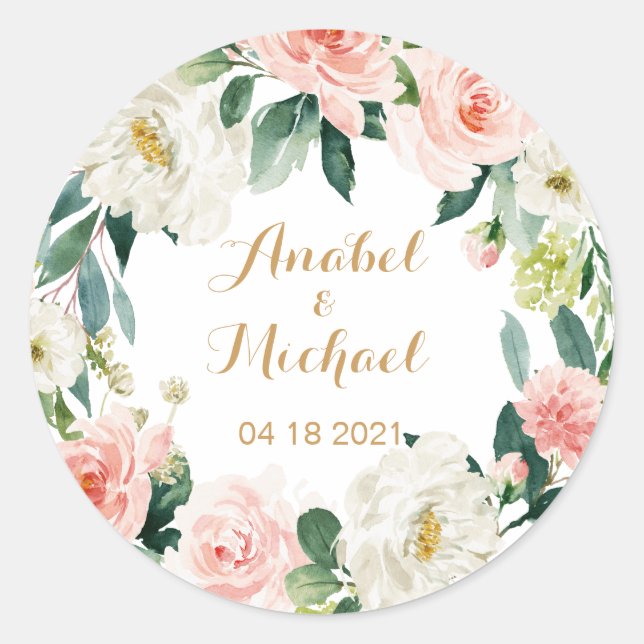 Floral Blush Romantic Personalized Classic Round Sticker (Front)