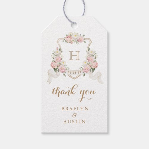 Floral Blush Rose Crest Wedding Monogram Thank You Gift Tags