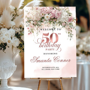 Floral Blush Rose Gold Greenery 50th Birthday Sign