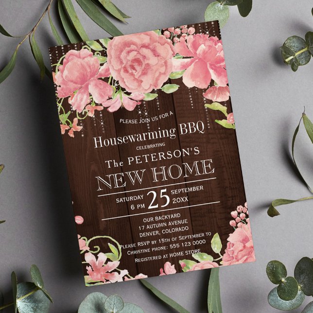 Floral blush rose peonies rustic housewarming bbq invitation (Creator Uploaded)