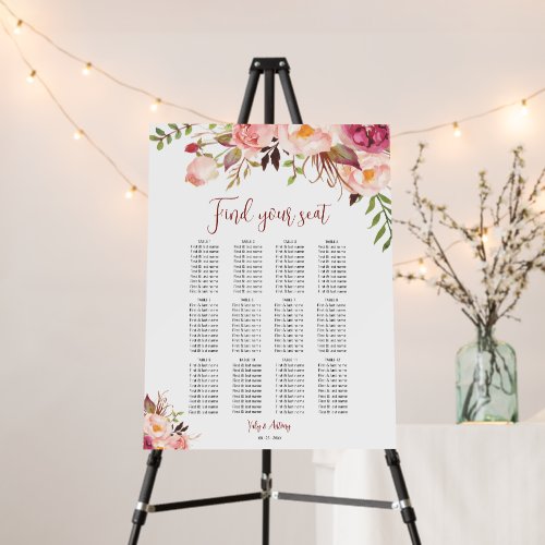 Floral Blush Rose Table Guest Layout Seating Chart Foam Board