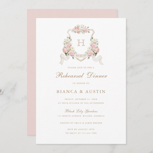 Floral Blush Roses Crest Monogram Rehearsal Dinner Invitation (Front/Back)