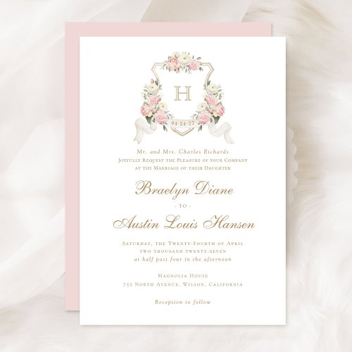 Floral Blush Roses Greenery Crest Monogram Wedding Invitation