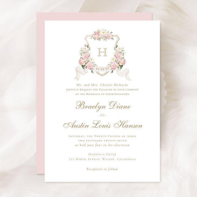 Floral Blush Roses Greenery Crest Monogram Wedding Invitation (Creator Uploaded)
