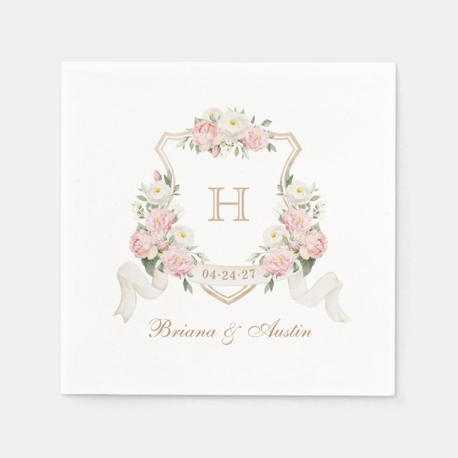 Floral Blush Roses Greenery Crest Monogram Wedding Napkins (Front)