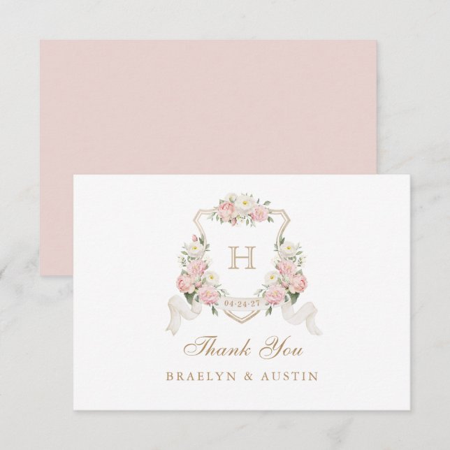 Floral Blush Roses Greenery Crest Monogram Wedding Thank You Card (Front/Back)