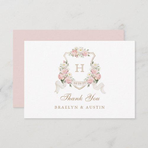 Floral Blush Roses Greenery Crest Monogram Wedding Thank You Card