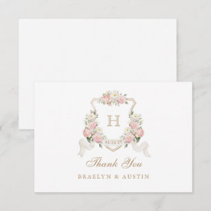 Floral Blush Roses Greenery Crest Monogram Wedding Thank You Card