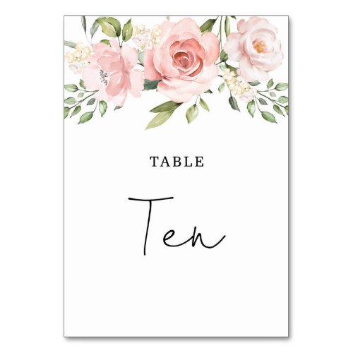 Floral blush roses wedding table number