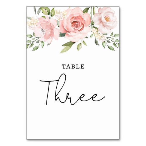 Floral blush roses wedding table number