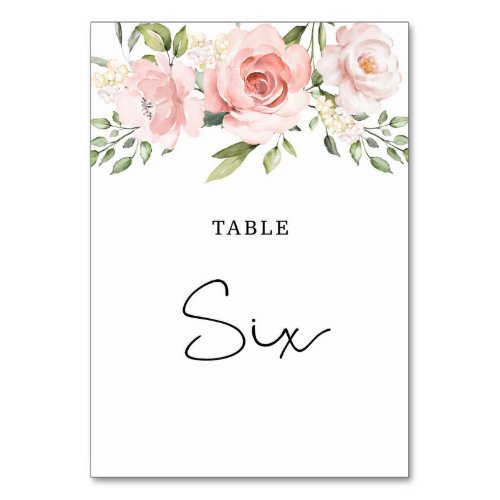 Floral blush roses wedding table number