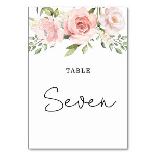 Floral blush roses wedding table number