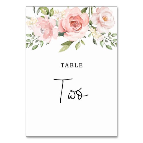 Floral blush roses wedding table number