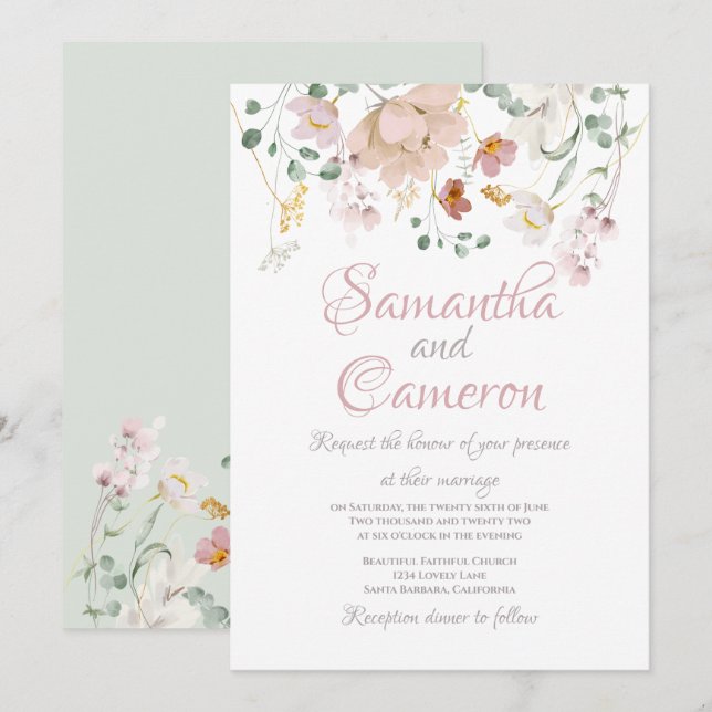 Floral Blush Sage Green Foliage wedding invitation (Front/Back)