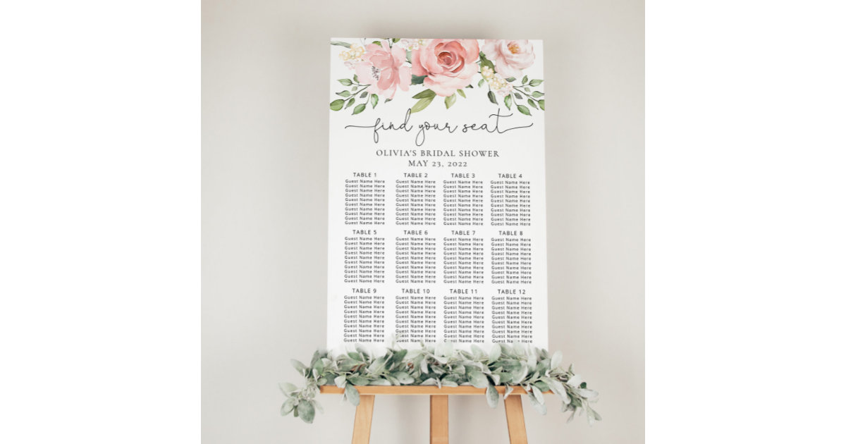 Floral blush seating chart foam board | Zazzle