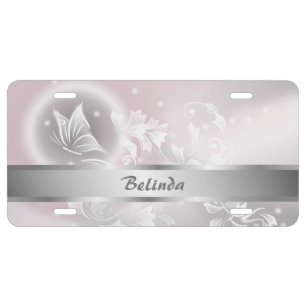 Floral Blush Silver Butterfly Personalize License Plate
