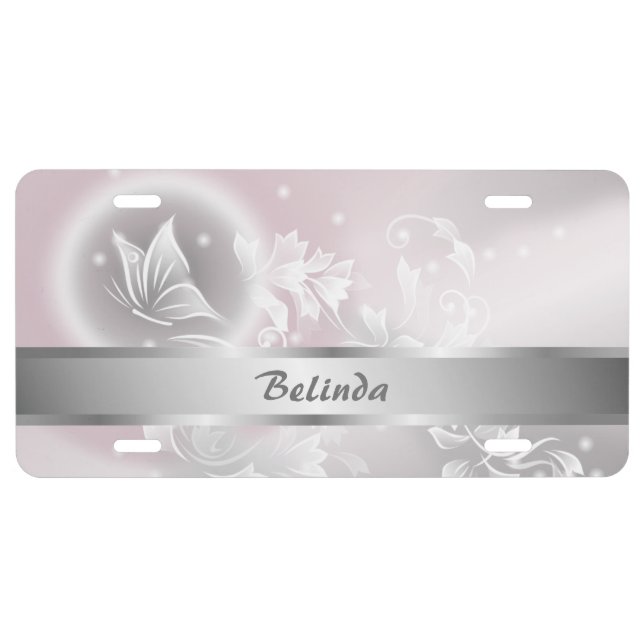 Floral Blush Silver Butterfly  Personalize License Plate (Front)