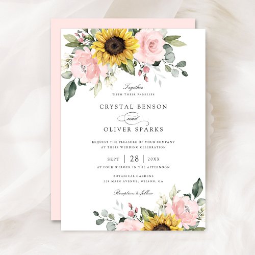 Floral Blush Sunflowers Greenery Elegant Wedding Invitation