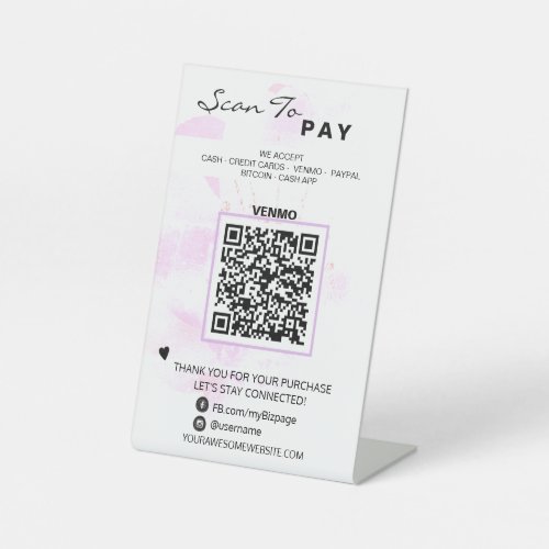  Floral Blush Table Tent PAY  QR code Tabletop Pedestal Sign